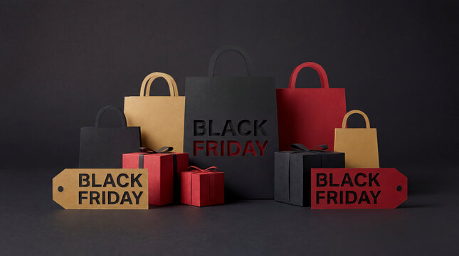 Three dimensional shopping bags and gifts with Black Friday text on dark background