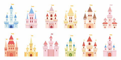 Colorful Castles Vector Illustration With Flags On White Background © Raju