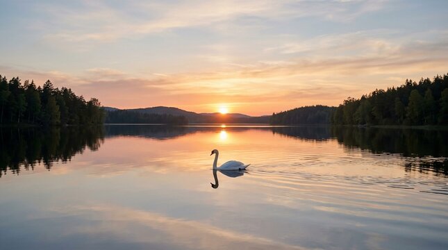 Graceful swan swimming on a calm lake at sunset