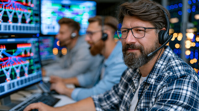 Electrical grid technician at a municipal utility control room managing a digital synoptic map of transmission substations during a demand surge event, colleagues in headsets coordinating behind, se