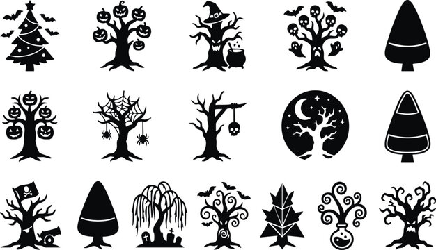 Halloween vector bundle spooky trees jack o' lanterns witch and candy icons for holiday designs