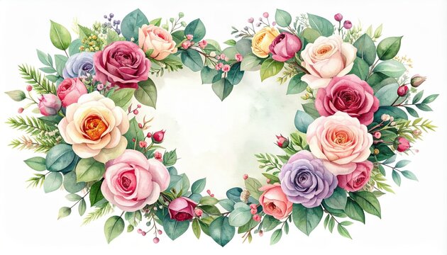 Romantic Family Love Floral Heart Frame Border decorated with Lush Watercolor Pink Roses and Peonies for Valentine Day Banners