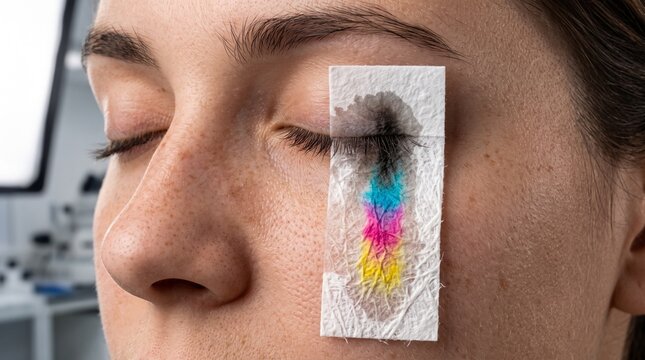 Mujer con ojos cerrados y tira cromatogr&aacute;fica sobre p&aacute;rpado y mejilla