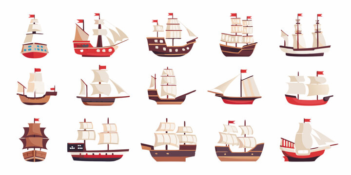 Stylized Historical Sailing Ships Collection Vector Illustration On White Background