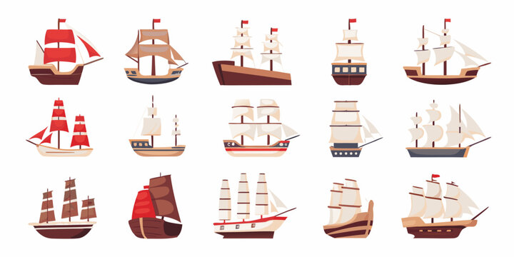 Stylized Historical Sailing Ships Collection Vector Illustration On White Background