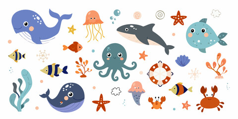 Cartoon Style Sea Creatures And Marine Life On White Background © Raju