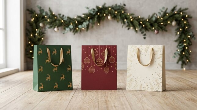 Tr&iacute;o de bolsas de regalo navide&ntilde;as elegantes sobre madera