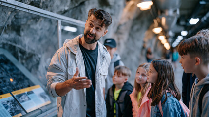 Obraz premium History teacher leading student group through decommissioned cold war missile silo converted to museum, original launch console visible behind safety glass, information placards at student eye level