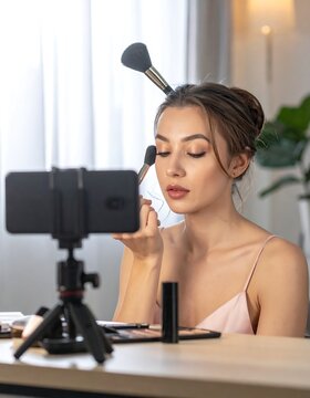 Woman applying makeup for online tutorial