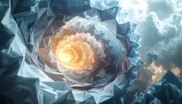 Surreal spiral tunnel with light at its core, framed by clouds, geometric form