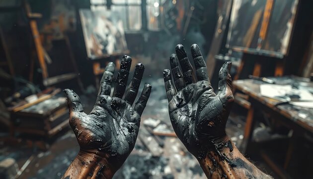 A first-person view of paint-covered hands in an art studio, with canvases in background