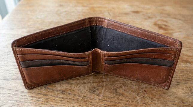 Empty brown leather wallet open on wooden surface minimalist still life