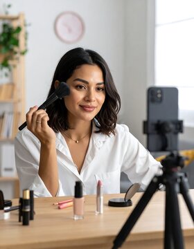 Woman applying makeup while recording video tutorial
