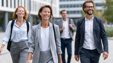 Fototapeta premium smiling professionals promoting active lifestyle by walking together in business district, wellness campaign, realistic commercial photo
