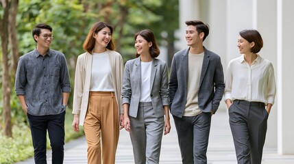 Fototapeta premium corporate friendship and teamwork concept with professionals walking together, casual business fashion, realistic outdoor office environment