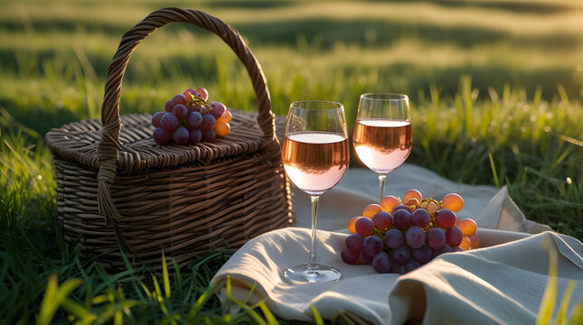 Aesthetic summer picnic layout on a green grass field with a rustic woven basket, two elegant wine glasses filled with cold rose wine, fresh grapes and linen napkin under soft warm golden hour sunligh