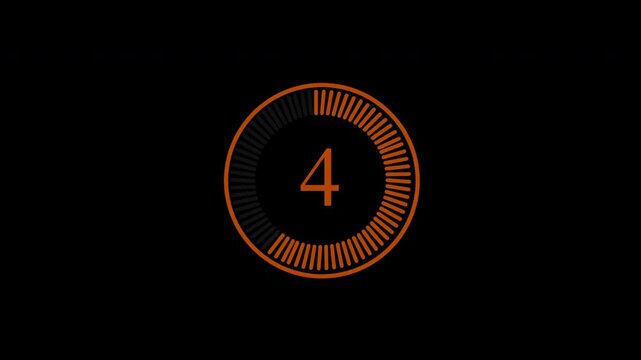 Orange digital countdown timer with number four. Circular loading bar on black background.