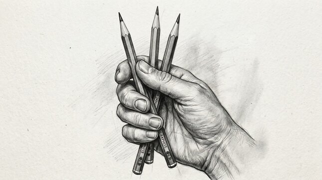 Hand holding three graphite pencils sketch