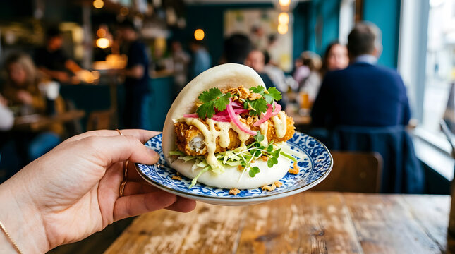 Delicious Bao Bun at Restaurant: A hand holds a vibrant bao bun, filled with crispy ingredients and fresh herbs, served on a decorative plate in a lively restaurant setting.