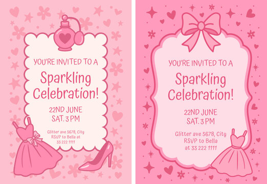Pink sparkling celebration invitation template set with dress, bow, high heel shoe, perfume and cute fashion party elements on soft background for stock graphics Vector illustration.