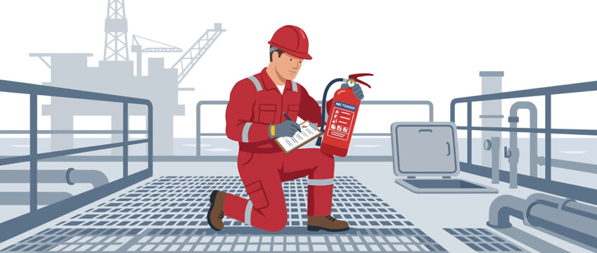 Oil rig worker inspects fire extinguisher safety equipment, holding clipboard on deck