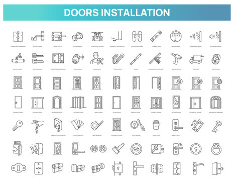 Door Hardware and Installation Line Icons Set