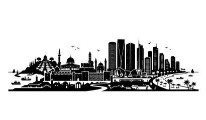 Obraz premium Israel skyline black silhouette vector illustration with famous landmarks and travel architecture design