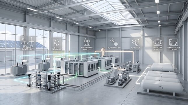 Smart green hydrogen plant interior displaying renewable power integration and electrolysis process automation infographics