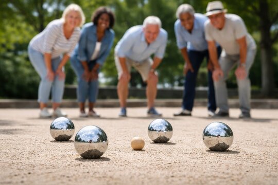 Outdoor petanque balls on sandy court with players watching. Ai generative