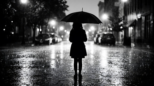 Silhouette of a Person Holding an Umbrella Walking Down a Wet City Street at Night During Rain