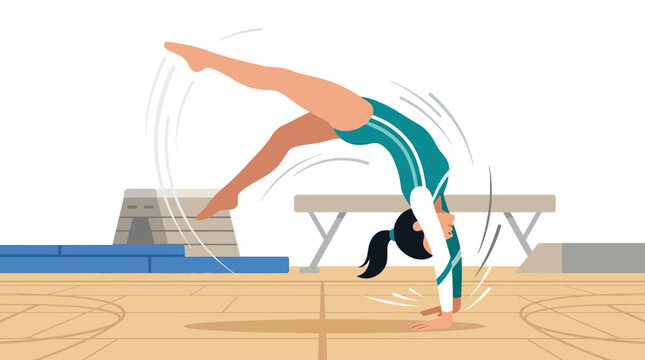 Female Gymnast Performing Handspring Vector Illustration
