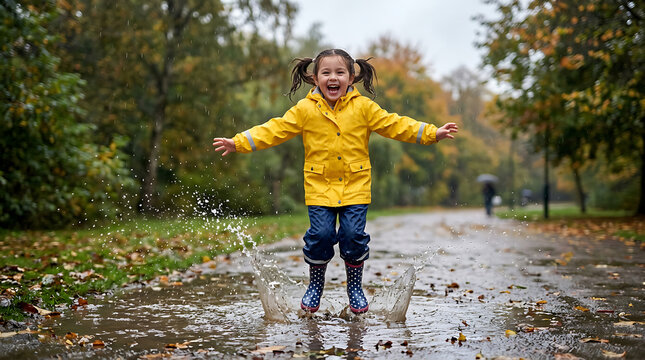 Happy Child in Yellow Raincoat and Boots Jumping in Rain Puddle Holding Blue Umbrella