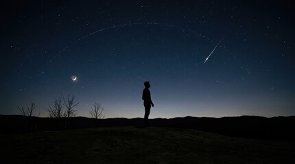 Fototapeta premium Silhouette of a person standing under a starry night sky with meteor shower