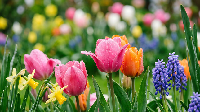 Colorful Spring Flowers Including Crocus, Daffodils, and Tulips Covered in Raindrops in a Garden
