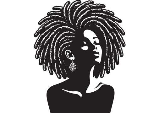 Black woman with dreadlocks vector illustration, African American female silhouette with natural hair, beautiful girl with locs hairstyle