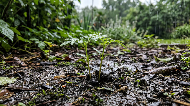 Small Green Plant Sprout Growing from Wet Soil During Rainy Weather in a Forest Garden