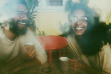 Fototapeta premium A young Indian couple laughing over coffee in a bright sunlit room, their candid joy and warm amber tones creating a cozy intimate mood for lifestyle and home leisure visuals