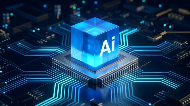Brilliant blue AI cube on a powerful CPU microchip, symbolizing cutting-edge artificial intelligence, machine learning, and advanced digital computing technology.