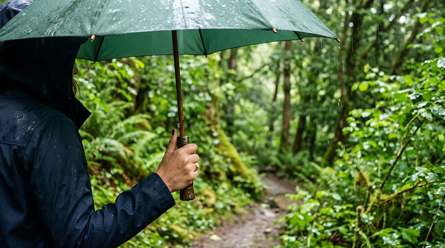 Person in Raincoat Holding a Green Umbrella While Hiking on a Wet Trail in a Lush Green Forest