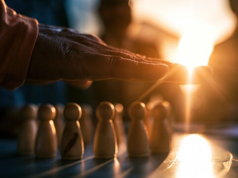Close up of a womans hand sheltering wooden peg figures on a table, glowing with warm sunlight for protection and social care concepts