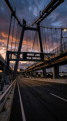 Naklejka premium Urban Bridge Infrastructure At Dusk With Merge Lane Signage