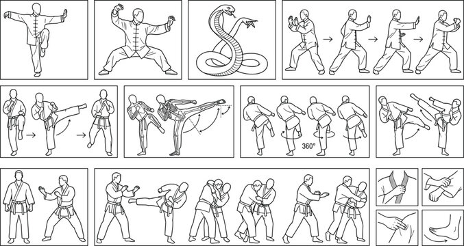 Martial arts techniques line icon set bundle showing Kung Fu Tai Chi and Karate action poses