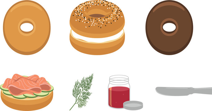 Fresh Bagel Bakery Vector Element Set Featuring Plain Everything and Chocolate Bagels Cream Cheese Smoked Salmon Jam Dill and Knife for Breakfast Menu