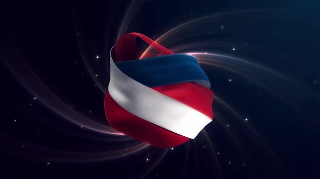 Dynamic 3d animation of a swirling juneteenth flag with vibrant red white and blue colors symbolizing freedom celebration and cultural heritage on a dark cosmic background