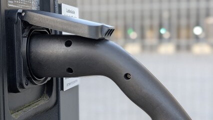 Electric car charging station close-up