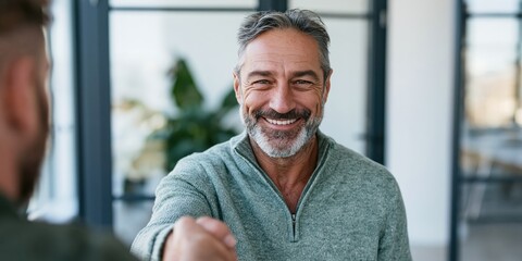 Fototapeta premium Smiling middleaged man handshake portrait for corporate banner and office background with approachable professional look