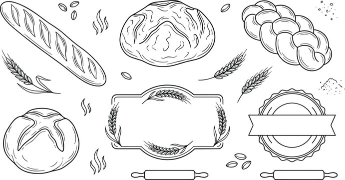 Bakery bread outline vector icon collection with baguette challah loaf label and wheat elements on white background