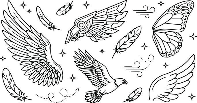 Wings and feathers outline vector icon collection with bird butterfly steampunk and wind elements on white background