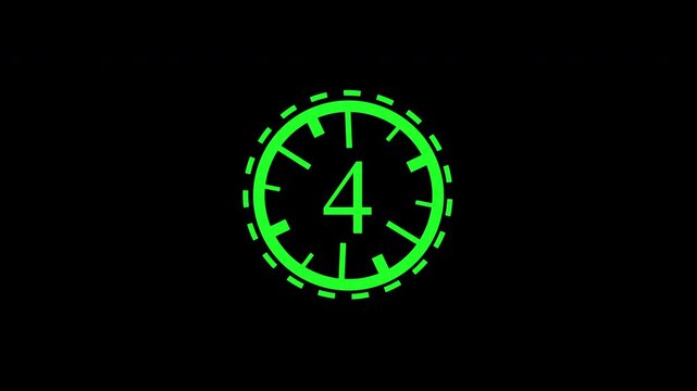Circle countdown timer animation of 9 to 0  on green  and black background with alpha channels,  circle countdown timer