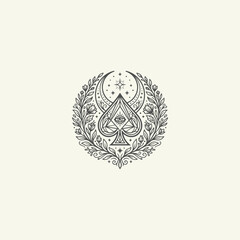 Obraz premium Mystical Spade Logo with All Seeing Eye, Crescent Moon and Floral Line Art Vintage Esoteric Emblem